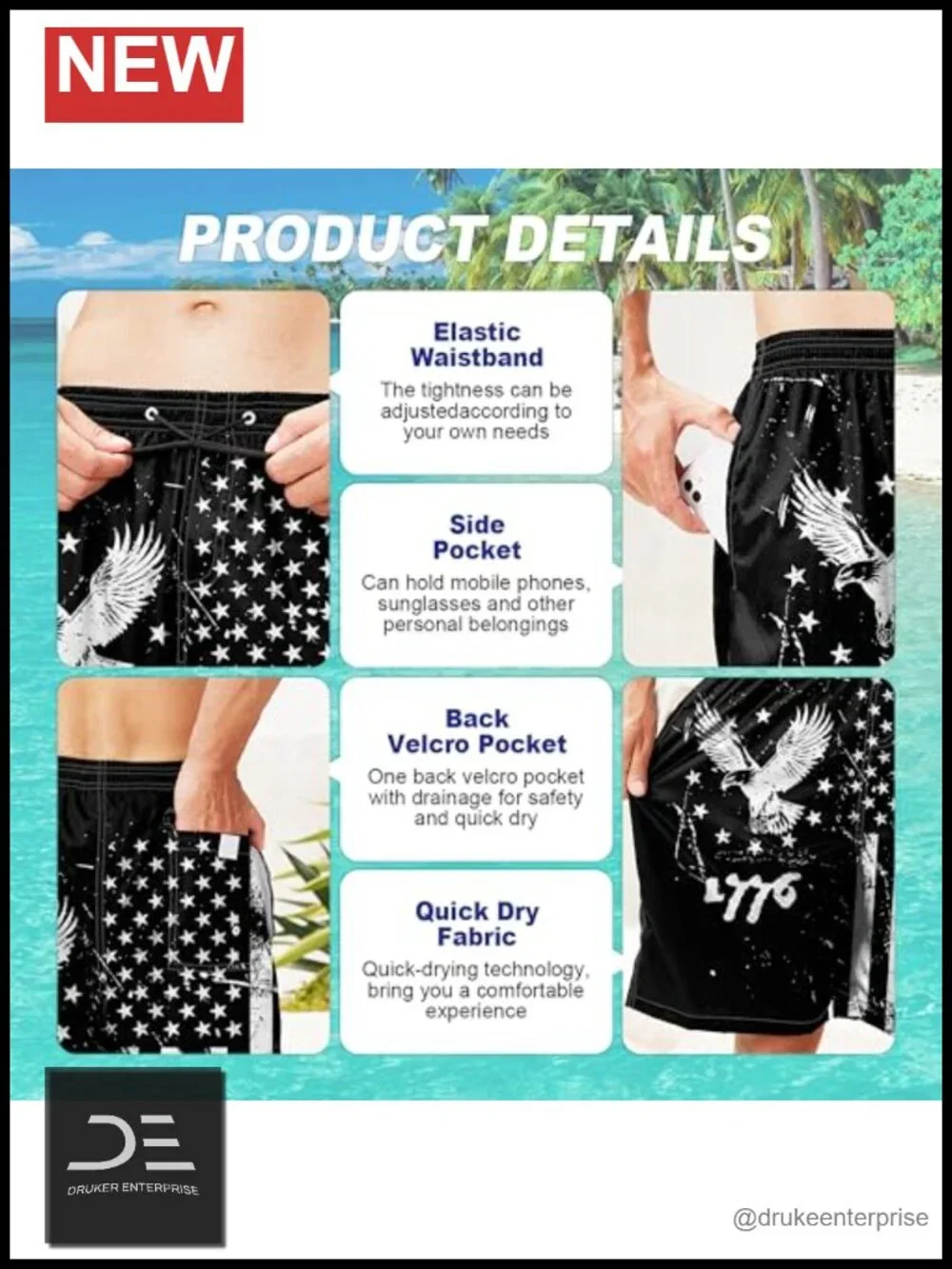 Mens Quick Dry Board Shorts with Mesh Lining UPF 50+